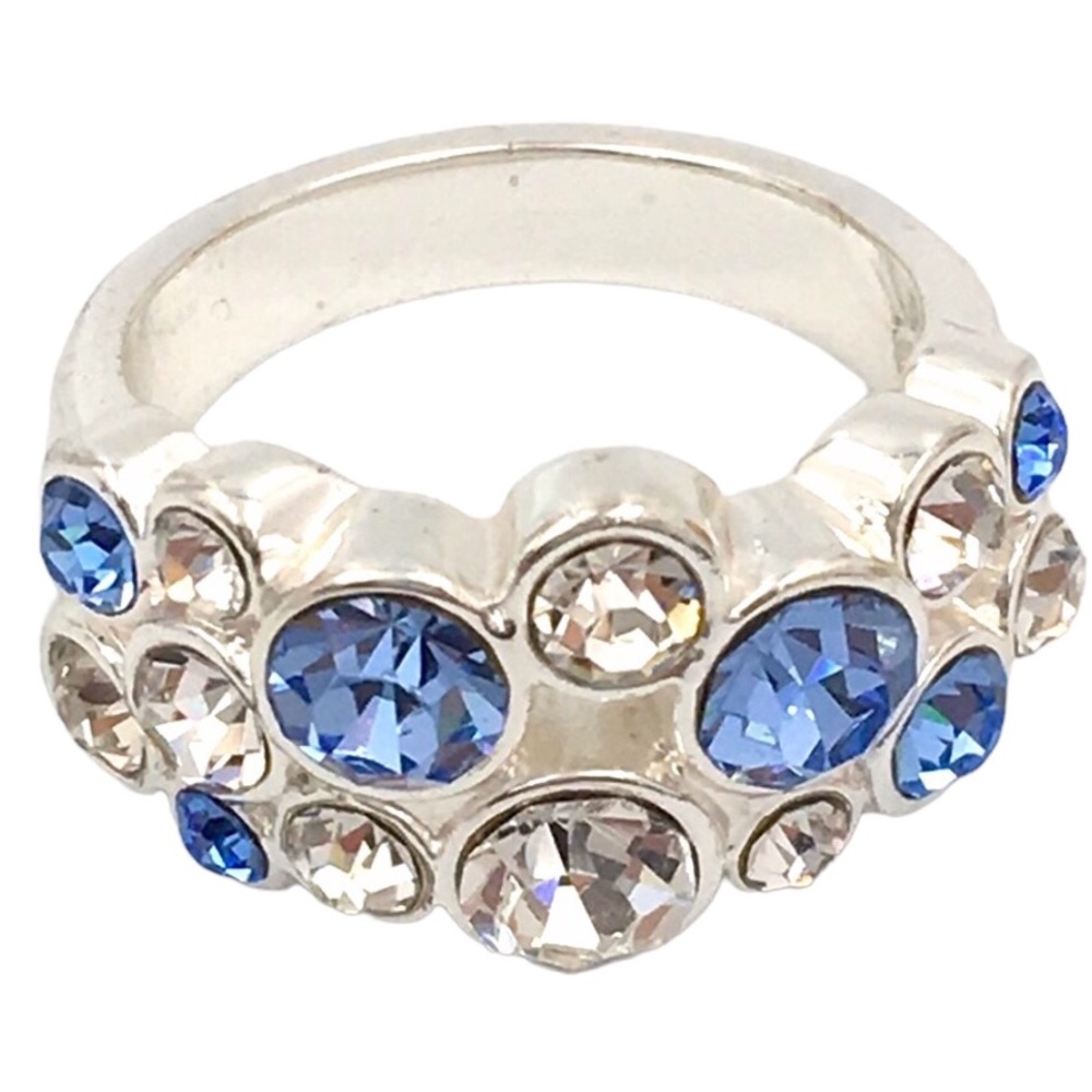 Silver Tone 💍 Blue & Clear Crystals Ring Size 7